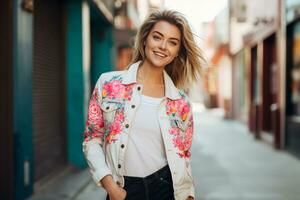 féminin élégance dans rose palette denim - ai généré photo