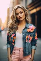 élégant Dame dans rose palette denim tenue - ai généré photo