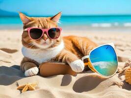 une chat portant des lunettes de soleil est séance sur le plage ai produire photo