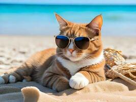 une chat portant des lunettes de soleil est séance sur le plage ai produire photo