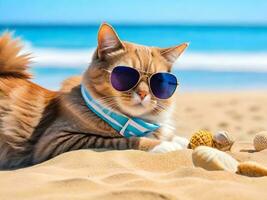 une chat portant des lunettes de soleil est séance sur le plage ai produire photo