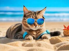 une chat portant des lunettes de soleil est séance sur le plage ai produire photo