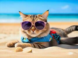 une chat portant des lunettes de soleil est séance sur le plage ai produire photo