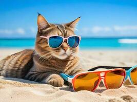 une chat portant des lunettes de soleil est séance sur le plage ai produire photo