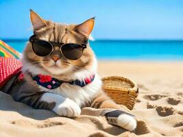 une chat portant des lunettes de soleil est séance sur le plage ai produire photo