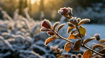 l'automne feuilles dans le neige avec lever du soleil vue de ai généré photo