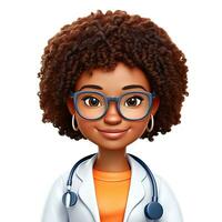 dessin animé pâte à modeler 3d avatar de fille avec foncé peau et afro boucles en ligne médecin isolé sur blanc Contexte photo