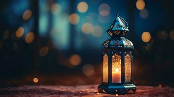 eid mubarak et Ramadan kareem Islam saint mois. arabe lanterne et brûlant bougie à nuit. les musulmans iftar en dessous de doux lumière de lanterne lampe. arabe Contexte pour fête de aïd. génératif ai. photo