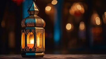 eid mubarak et Ramadan kareem Islam saint mois. arabe lanterne et brûlant bougie à nuit. les musulmans iftar en dessous de doux lumière de lanterne lampe. arabe Contexte pour fête de aïd. génératif ai. photo