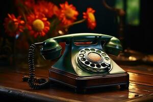 vieux téléphone sur table ancien style ai généré photo