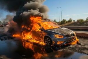 le état de le voiture brûlant sur le route professionnel La publicité la photographie ai génératif photo