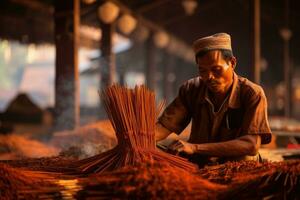 ouvrier dans encens des bâtons. ai généré photo