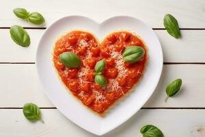 cœur en forme de spaghetti avec tomate sauce et Parmesan les fromages sur blanc plaque. ai généré photo