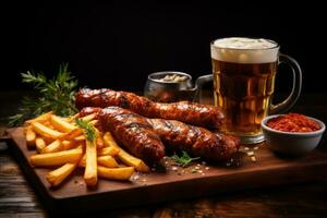 Bière et grillé saucisses avec Romarin. ai généré photo