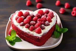 cœur en forme de rouge velours gâteau pour la Saint-Valentin journée sur foncé Contexte. ai généré photo