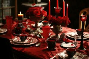 table réglage pour romantique dîner dans restaurant. ai généré photo