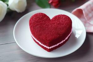 cœur en forme de rouge velours gâteau pour la Saint-Valentin journée sur foncé Contexte. ai généré photo