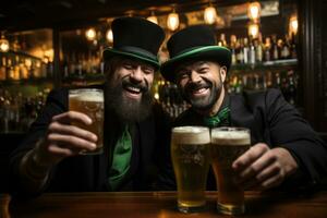 copains avec Bière célébrer oktoberfest sur bar Contexte. ai généré photo