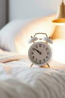 blanc alarme l'horloge sur chevet table dans chambre à coucher, femme en train de dormir sur lit dans Contexte. ai généré photo