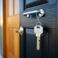 le clé a été inséré dans le porte de le Nouveau maison. ai généré photo