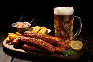 Bière et grillé saucisses avec Romarin. ai généré photo