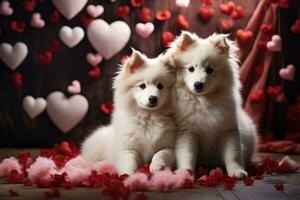 deux sucré chiots avec fleurs et cœurs. ai généré photo