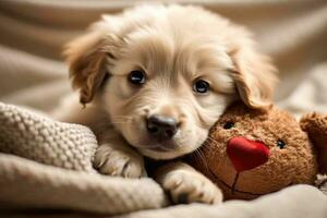 mignonne duveteux chiot étreindre nounours mensonge sur lit. ai généré photo