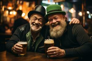 copains avec Bière célébrer oktoberfest sur bar Contexte. ai généré photo