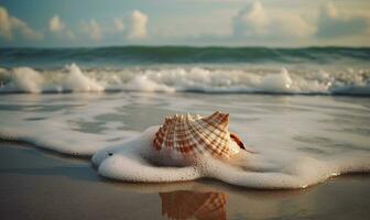 le vagues doucement tour contre le rive, révélateur une superbe, énorme coquillage. création en utilisant génératif ai outils photo