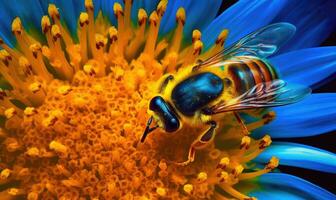 macro coup de une les abeilles flou corps comme il terres sur une fleur. création en utilisant génératif ai outils photo