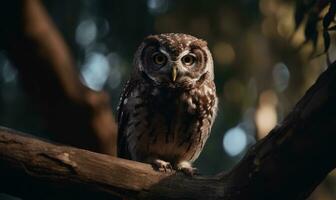 majestueux hibou perché sur une arbre branche regarder à caméra. création en utilisant génératif ai outils photo