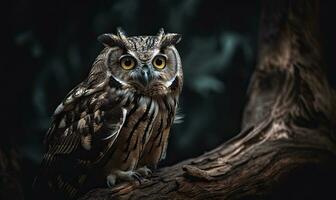 majestueux hibou perché sur une arbre branche regarder à caméra. création en utilisant génératif ai outils photo