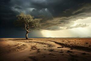 solitaire arbre dans désert paysage avec orageux ciel. génératif ai photo
