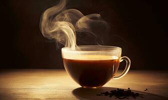 chaud fraîchement brassée noir thé dans une tasse sur une foncé Contexte. création en utilisant génératif ai outils photo