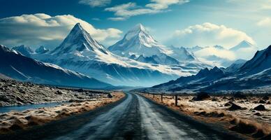 asphalte route élongation dans le distance, Montagne neigeux paysage - ai généré image photo