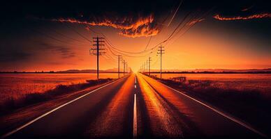 asphalte route élongation dans le distance, Montagne le coucher du soleil - ai généré image photo