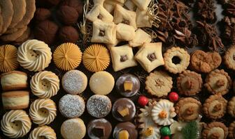 fait maison Noël biscuits avec une variété de garnitures. photo