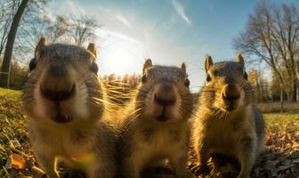 écureuil selfie adorable bestiole grèves une pose, mettant en valeur ses broussailleux queue. création en utilisant génératif ai outils photo