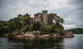 le éloigné petit île logé une abandonné, abandonné vieux Château création en utilisant génératif ai outils photo