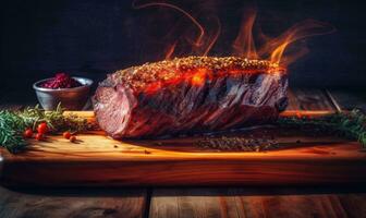 le présentation de fumé du boeuf sur une en bois planche avec herbes a été impressionnant. création en utilisant génératif ai outils photo