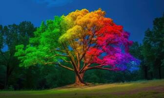 le arc en ciel des arbres fournir une Stupéfiant afficher dans le forêt création en utilisant génératif ai outils photo