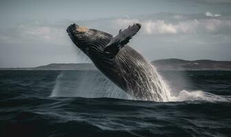 incroyable vue de une baleine sauter en dehors de le l'eau création en utilisant génératif ai outils photo