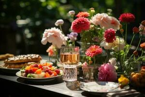 table ensemble pour une été brunch dans le jardin ai généré photo