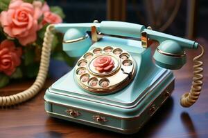 vieux téléphone sur table pastel Couleur ancien style ai généré photo