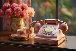 vieux téléphone sur table pastel Couleur ancien style ai généré photo