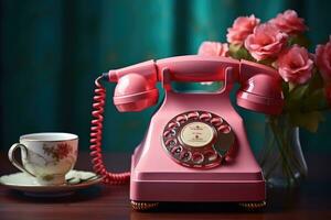 vieux téléphone sur table pastel Couleur ancien style ai généré photo