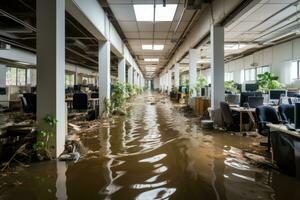situation inondation dans Bureau départ scénarios professionnel La publicité la photographie ai généré photo