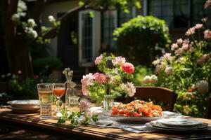 table ensemble pour une été brunch dans le jardin ai généré photo