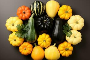 une collection de citrouilles soigneusement arrangé dans le table professionnel La publicité la photographie ai généré photo