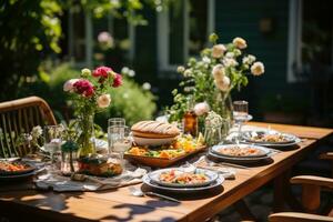 table ensemble pour une été brunch dans le jardin ai généré photo